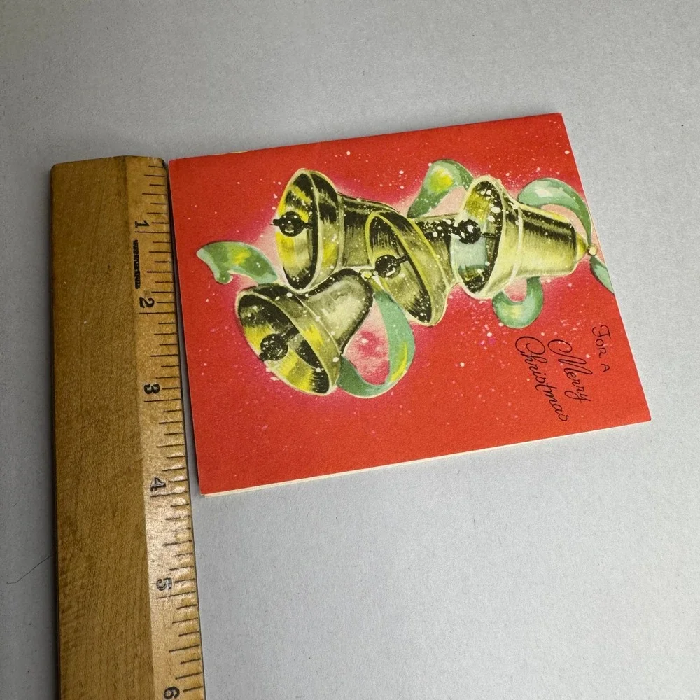 Vintage Diamond Line‎ Christmas Card Gold Bells Red Mid Century Modern MCM